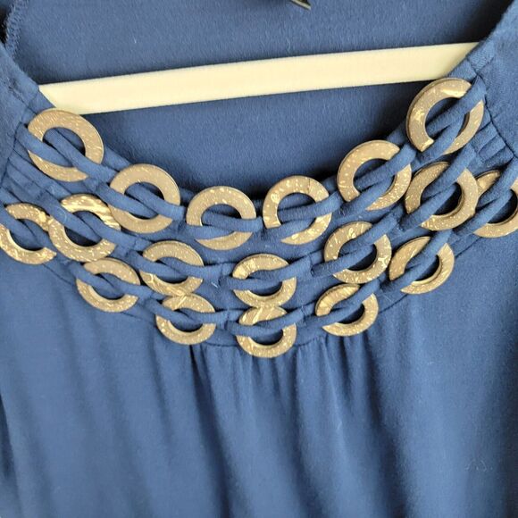 Style & Co Top Blouse Womens M Blue Embellished Neck Interlaced Wood Rings - Picture 10 of 13